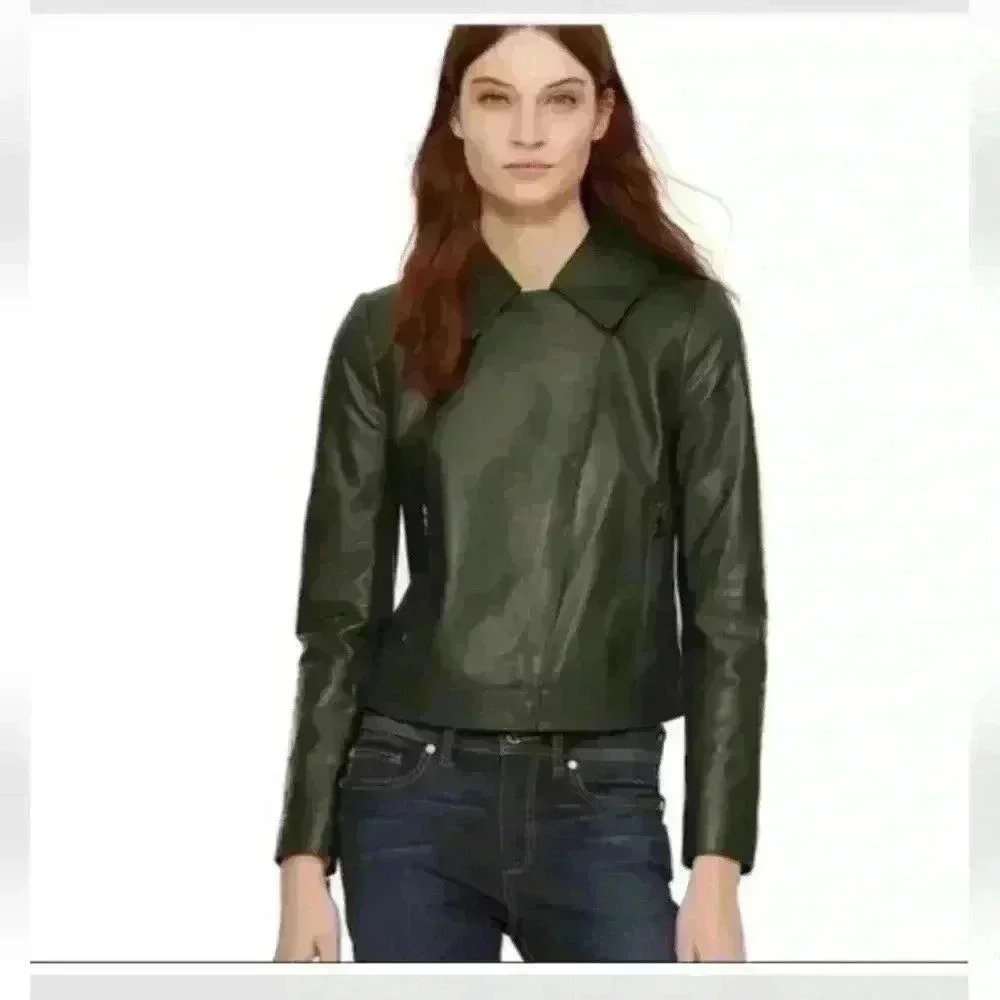 Tory Burch Womens Dark Green Harper Cropped Luxury Designer Moto Jacket 0 (XS-S)